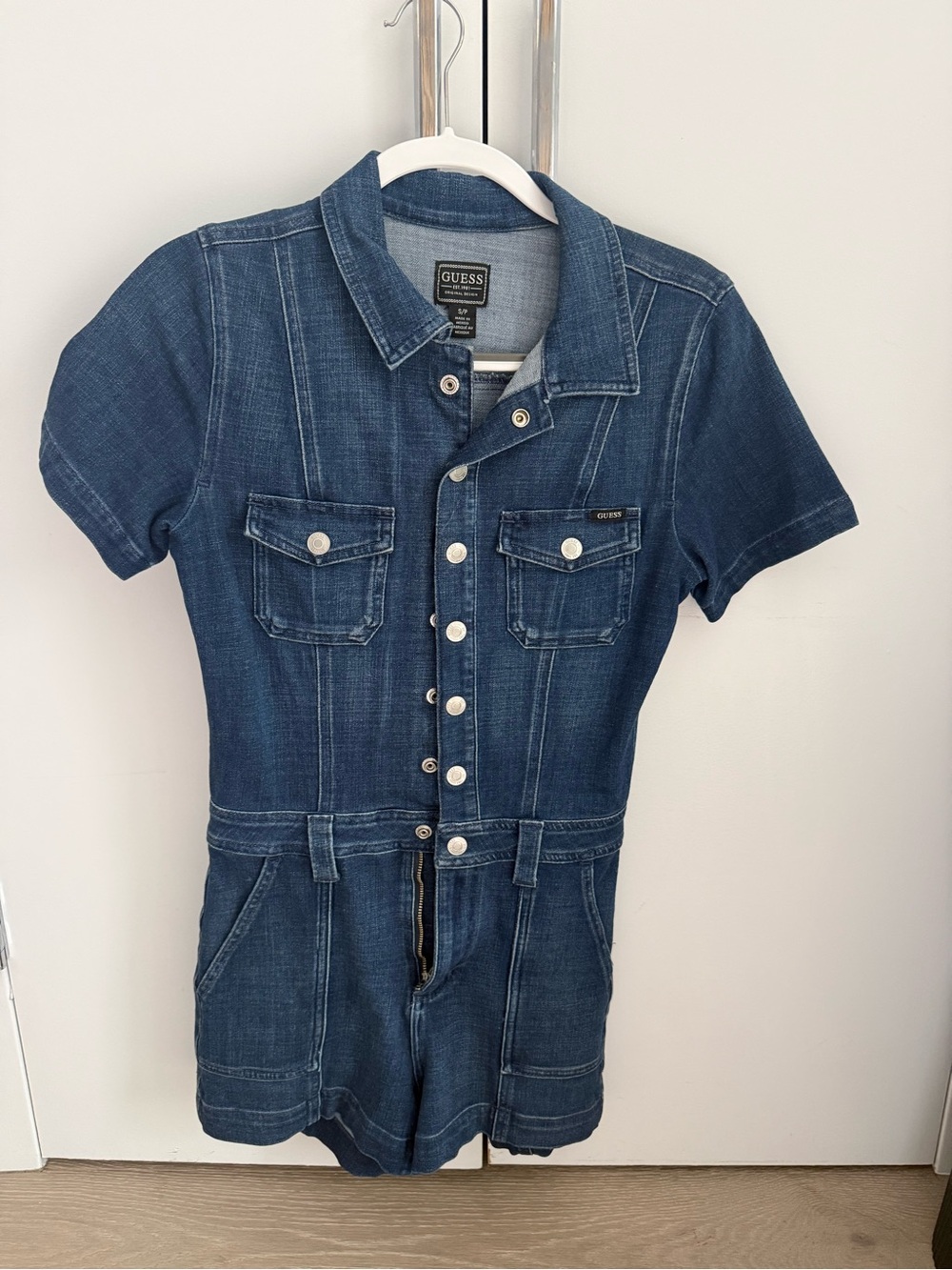 GUESS Denim Short-Sleeve One-Piece Romper in Indigo Blue
